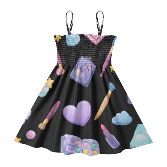 DALAWU Lightweight Kawaii Style Makeup Pattern Smocked Sundress Adjustable Strap Flowy A-Line Summer Dress