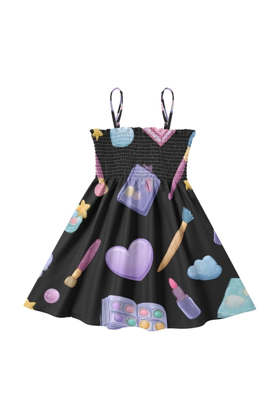 Lightweight Kawaii Style Makeup Pattern Smocked Sundress Adjustable Strap Flowy A-Line Summer Dress