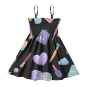 DALAWU Lightweight Kawaii Style Makeup Pattern Smocked Sundress Adjustable Strap Flowy A-Line Summer Dress
