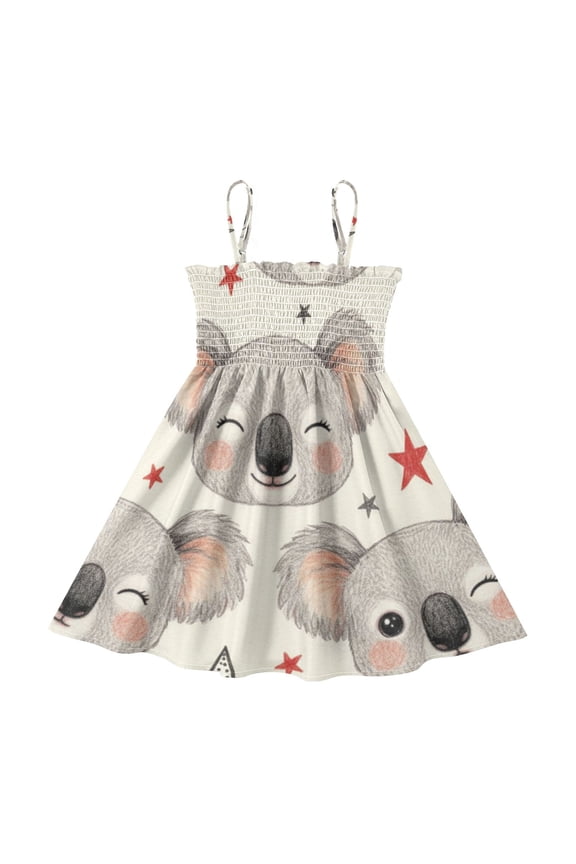 Lightweight Koala Bears Stars White Smocked Sundress Adjustable Strap Flowy A-Line Summer Dress