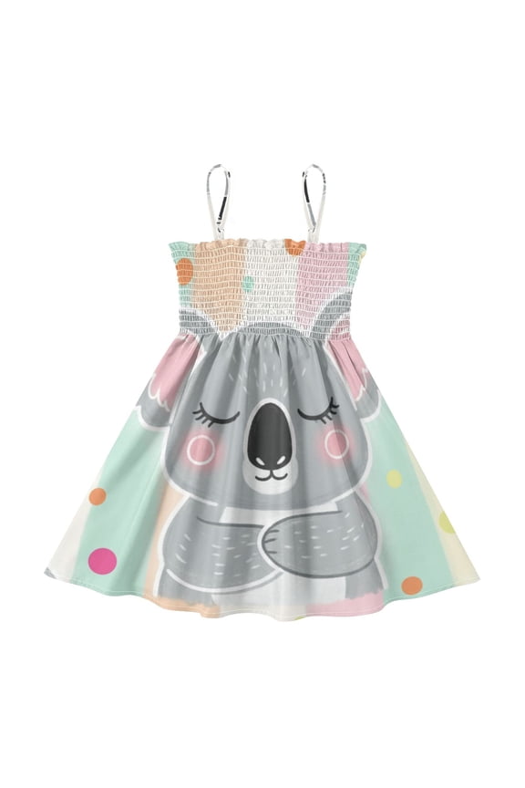 Lightweight Koala Smocked Sundress Adjustable Strap Flowy A-Line Summer Dress