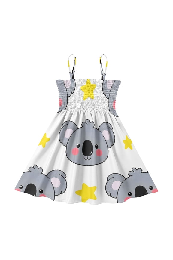 Lightweight Koala Stars Pattern Smocked Sundress Adjustable Strap Flowy A-Line Summer Dress