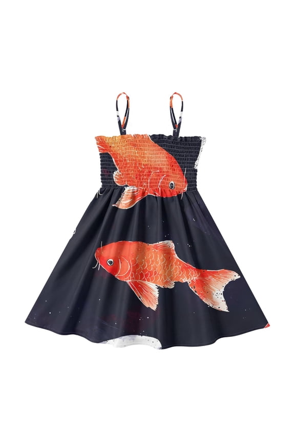 Lightweight Koi Fish Pattern Smocked Sundress Adjustable Strap Flowy A-Line Summer Dress