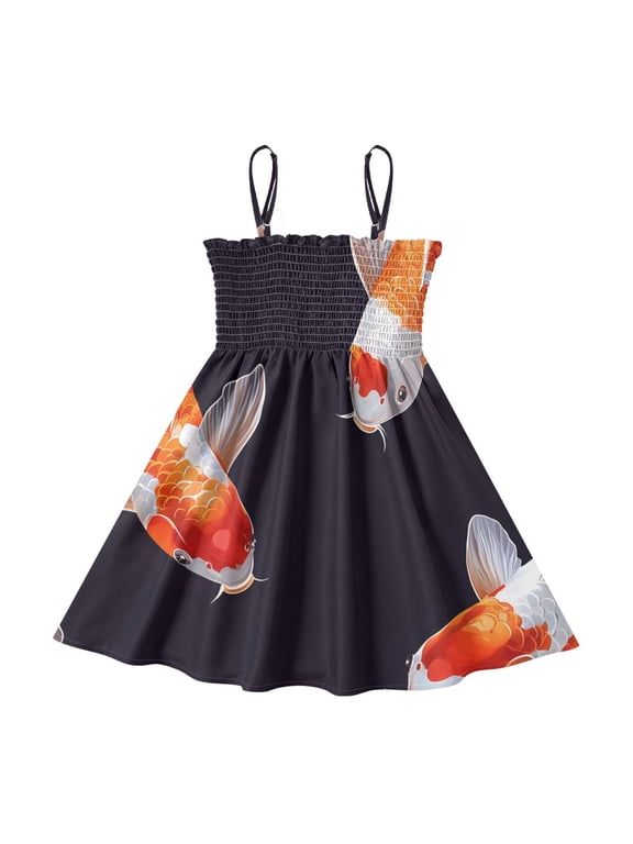 Lightweight Koi Fish Pattern Smocked Sundress Adjustable Strap Flowy A-Line Summer Dress