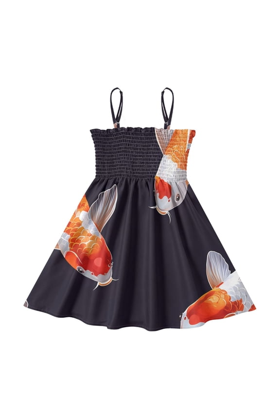 Lightweight Koi Fish Pattern Smocked Sundress Adjustable Strap Flowy A-Line Summer Dress