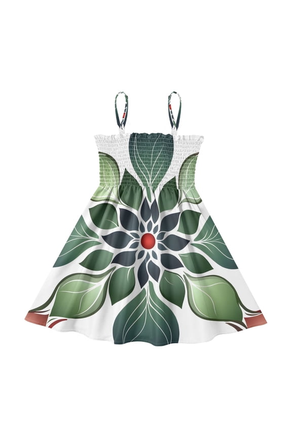 Lightweight Leafy Floral Mandala Pattern Smocked Sundress Adjustable Strap Flowy A-Line Summer Dress