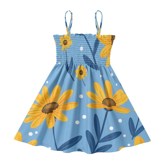 DALAWU Lightweight Leaves Flower Yellow Blue Pattern Smocked Sundress Adjustable Strap Flowy A-Line Summer Dress