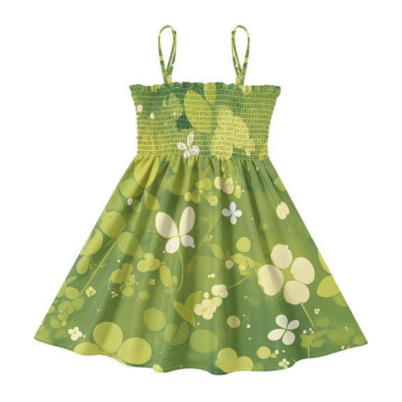 DALAWU Lightweight Leaves Green Smocked Sundress Adjustable Strap Flowy A-Line Summer Dress