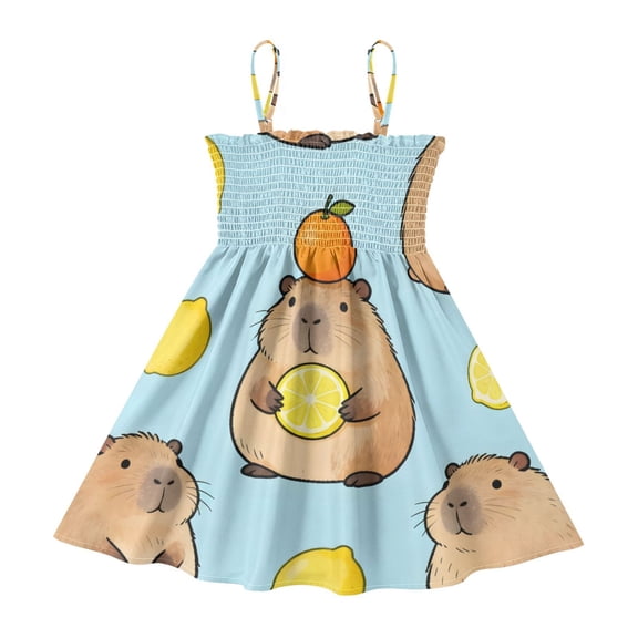 DALAWU Lightweight Lemon Capybara Orange Pattern Smocked Sundress Adjustable Strap Flowy A-Line Summer Dress