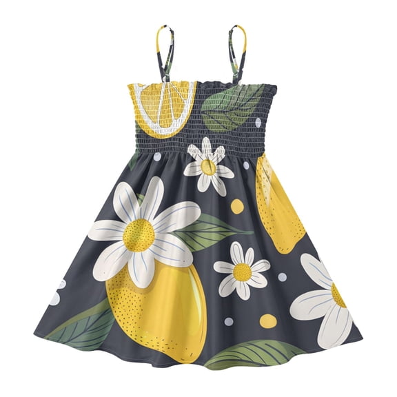 DALAWU Lightweight Lemon Daisy and Lemon Smocked Sundress Adjustable Strap Flowy A-Line Summer Dress