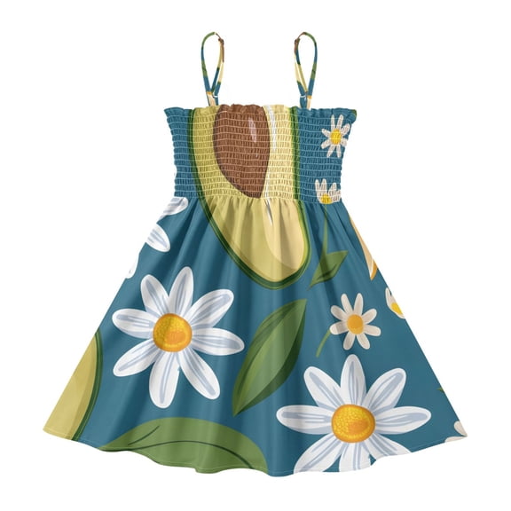 DALAWU Lightweight Lemon and Daisy and Avocado Smocked Sundress Adjustable Strap Flowy A-Line Summer Dress