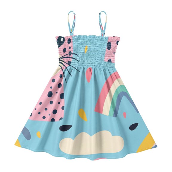 DALAWU Lightweight Leopard Andrainbow Smocked Sundress Adjustable Strap Flowy A-Line Summer Dress