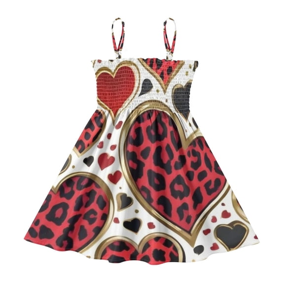 DALAWU Lightweight Leopard Heart Edgy Print Smocked Sundress Adjustable Strap Flowy A-Line Summer Dress