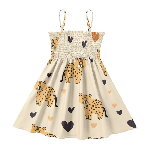 DALAWU Lightweight Leopard Heart Pattern Smocked Sundress Adjustable Strap Flowy A-Line Summer Dress