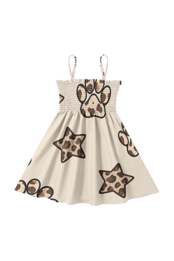 Lightweight Leopard Paw Prints Smocked Sundress Adjustable Strap Flowy A-Line Summer Dress