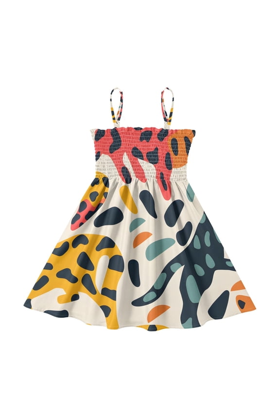 Lightweight Leopard Print Wild Animal Smocked Sundress Adjustable Strap Flowy A-Line Summer Dress