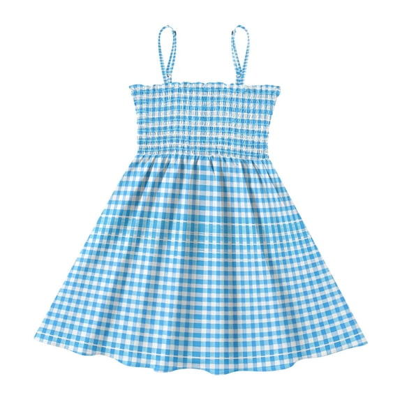 DALAWU Lightweight Light Blue Gingham Pattern Smocked Sundress Adjustable Strap Flowy A-Line Summer Dress