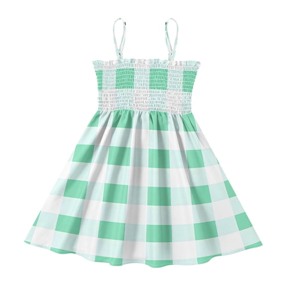 DALAWU Lightweight Light Green Gingham Pattern Smocked Sundress Adjustable Strap Flowy A-Line Summer Dress