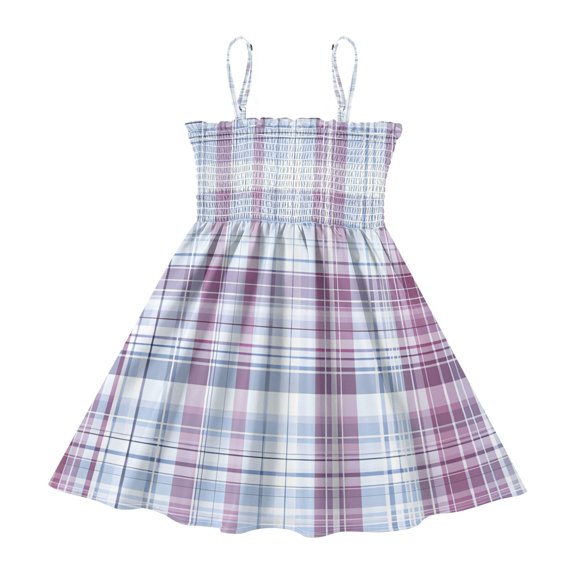 DALAWU Lightweight Light Purple Blue Plaid Pattern Smocked Sundress Adjustable Strap Flowy A-Line Summer Dress