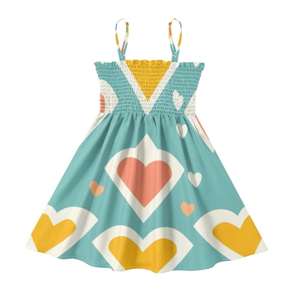 DALAWU Lightweight Love Blue Cute Pattern Smocked Sundress Adjustable Strap Flowy A-Line Summer Dress