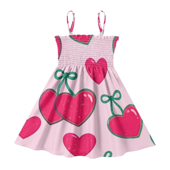 DALAWU Lightweight Love Cherry Smocked Sundress Adjustable Strap Flowy A-Line Summer Dress