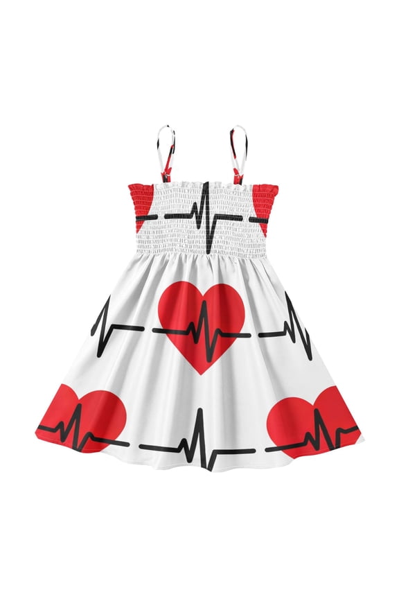 Lightweight Love Heart Electric Wire Pattern Smocked Sundress Adjustable Strap Flowy A-Line Summer Dress