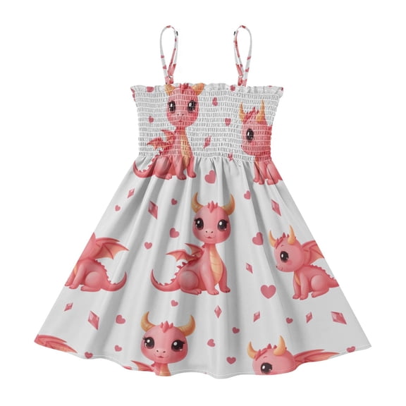 DALAWU Lightweight Love Pink Dragon Smocked Sundress Adjustable Strap Flowy A-Line Summer Dress