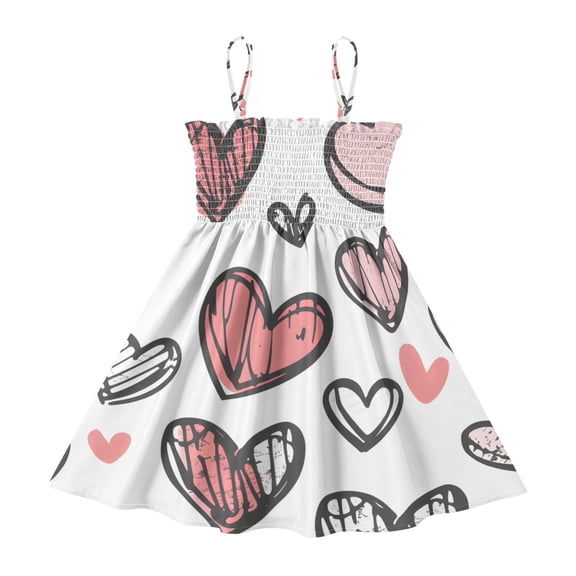 DALAWU Lightweight Love and Black Line Smocked Sundress Adjustable Strap Flowy A-Line Summer Dress