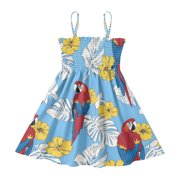 DALAWU Lightweight Macaw Tropical Leave Pattern Smocked Sundress Adjustable Strap Flowy A-Line Summer Dress
