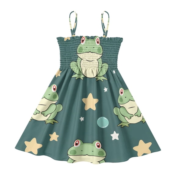DALAWU Lightweight Many Cute Frog Smocked Sundress Adjustable Strap Flowy A-Line Summer Dress