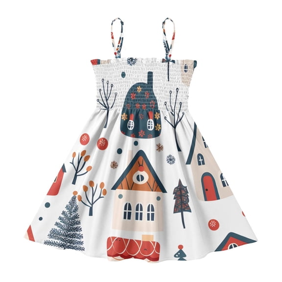DALAWU Lightweight Many House Smocked Sundress Adjustable Strap Flowy A-Line Summer Dress