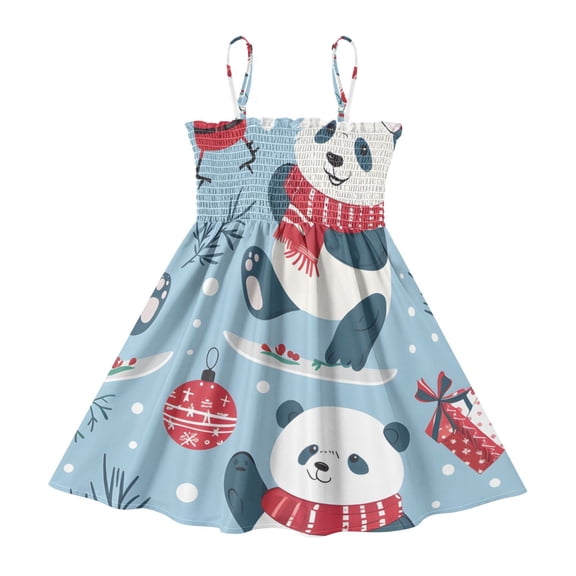 DALAWU Lightweight Many Panda Skiing Smocked Sundress Adjustable Strap Flowy A-Line Summer Dress