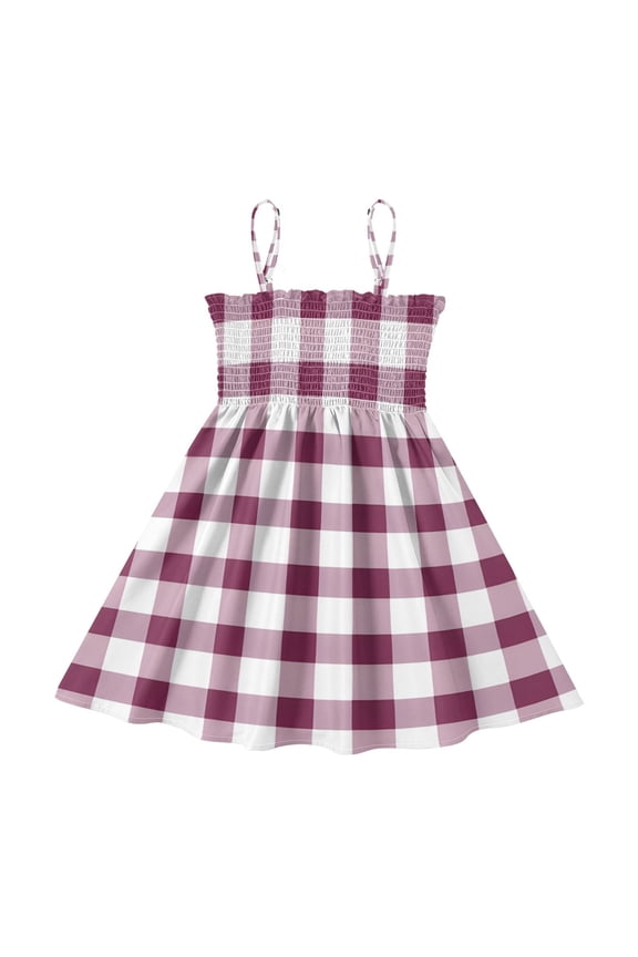 Lightweight Maroon Gingham Pattern Smocked Sundress Adjustable Strap Flowy A-Line Summer Dress