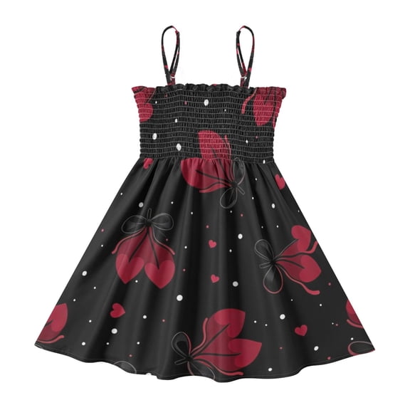 DALAWU Lightweight Midnight Red Bow Smocked Sundress Adjustable Strap Flowy A-Line Summer Dress