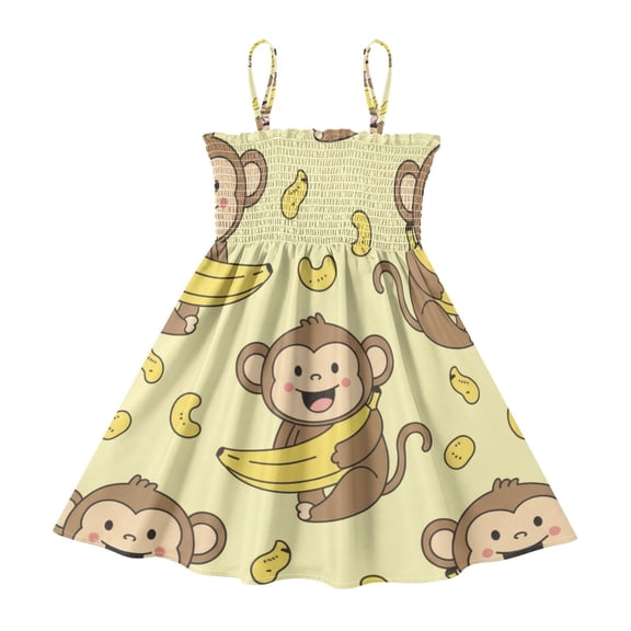 DALAWU Lightweight Monkey Bananas Smocked Sundress Adjustable Strap Flowy A-Line Summer Dress