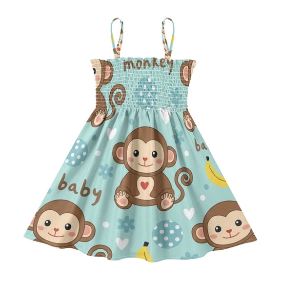 DALAWU Lightweight Monkey Bananas Smocked Sundress Adjustable Strap Flowy A-Line Summer Dress