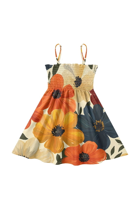 Lightweight Multicolor Handpainted Floral Pattern Smocked Sundress Adjustable Strap Flowy A-Line Summer Dress
