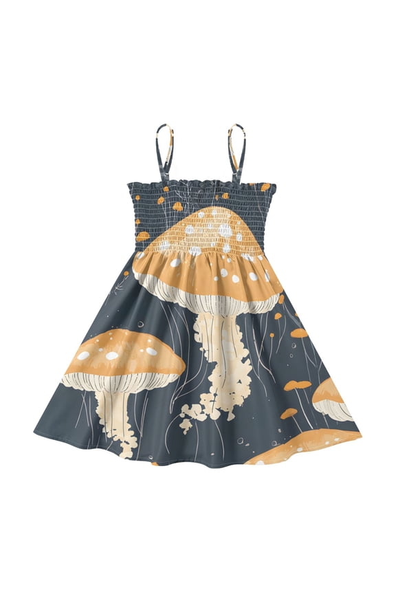 Lightweight Mushroom Forest Pattern Smocked Sundress Adjustable Strap Flowy A-Line Summer Dress