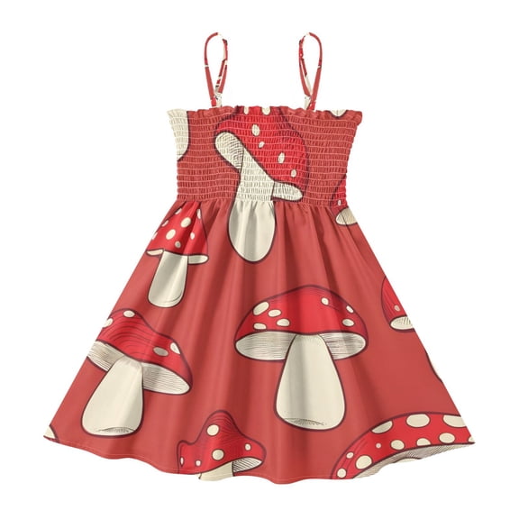 DALAWU Lightweight Mushroom Smocked Sundress Adjustable Strap Flowy A-Line Summer Dress