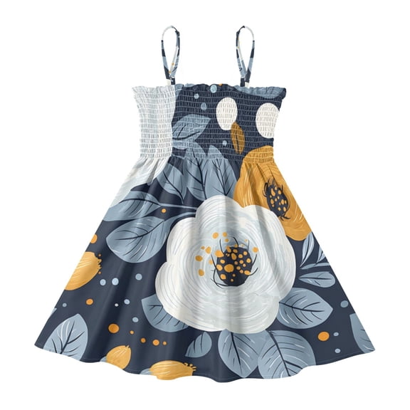 DALAWU Lightweight Navy Yellow White Flower Pattern Smocked Sundress Adjustable Strap Flowy A-Line Summer Dress