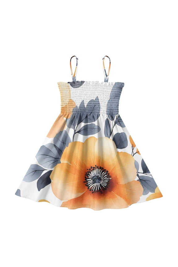 Lightweight Orange Blueberry Floral Pattern Smocked Sundress Adjustable Strap Flowy A-Line Summer Dress