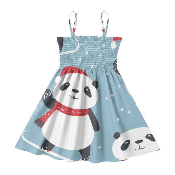 DALAWU Lightweight Panda Skiing Smocked Sundress Adjustable Strap Flowy A-Line Summer Dress