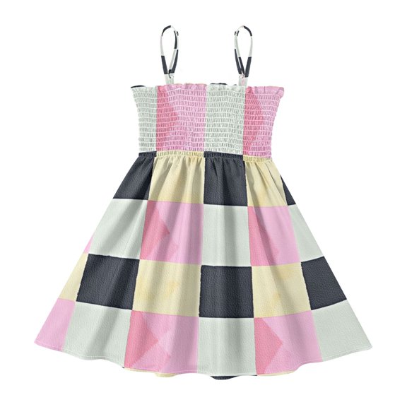 DALAWU Lightweight Pastel Check Pattern Smocked Sundress Adjustable Strap Flowy A-Line Summer Dress