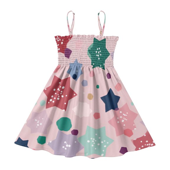 DALAWU Lightweight Pastel Star Confetti Smocked Sundress Adjustable Strap Flowy A-Line Summer Dress