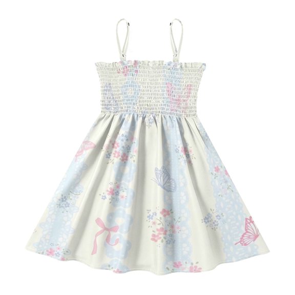 DALAWU Lightweight Pastel Stripe Butterfly Smocked Sundress Adjustable Strap Flowy A-Line Summer Dress