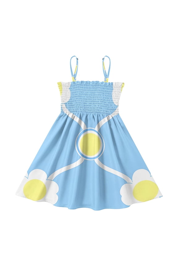 Lightweight Pattern Color Cute Flower Tile Pattern Smocked Sundress Adjustable Strap Flowy A-Line Summer Dress