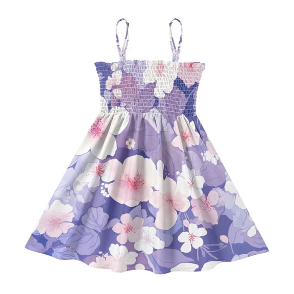 DALAWU Lightweight Pattern Flower Purple Smocked Sundress Adjustable Strap Flowy A-Line Summer Dress