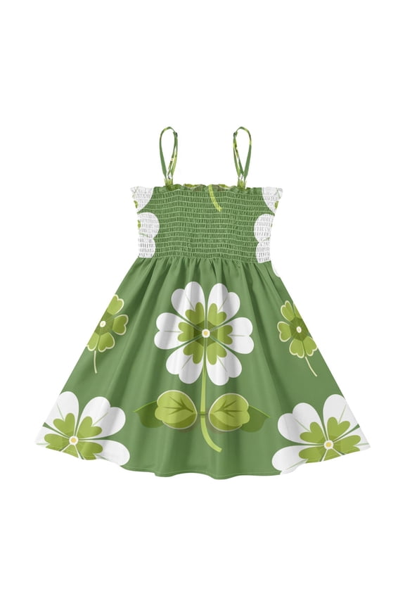 Lightweight Pattern Green Pattern Smocked Sundress Adjustable Strap Flowy A-Line Summer Dress