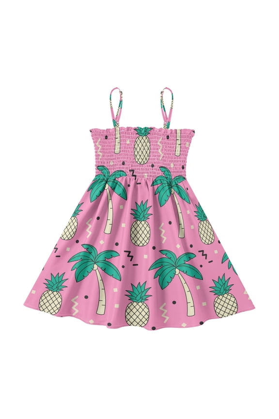Lightweight Pineapple Palm Tree Pink Smocked Sundress Adjustable Strap Flowy A-Line Summer Dress