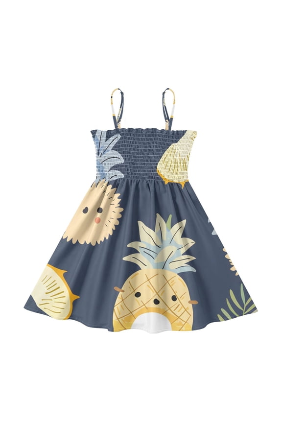 Lightweight Pineapple Smocked Sundress Adjustable Strap Flowy A-Line Summer Dress